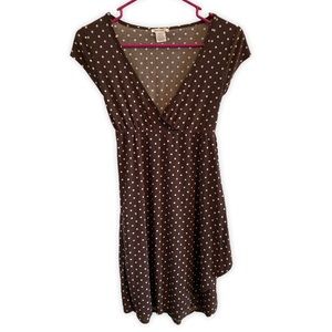 Flirty Brown & White Polka Dot Faux Wrap Dress V-neck